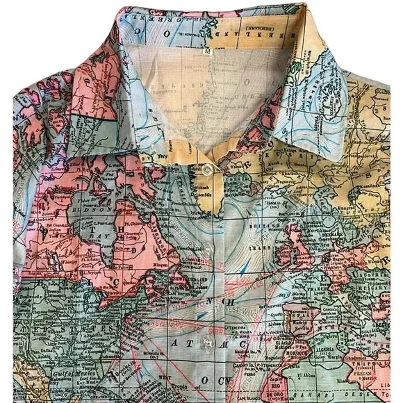 Misslook Map Of  The World Long Sleeve Button Down Blouse Size Medium - Picture 3 of 8
